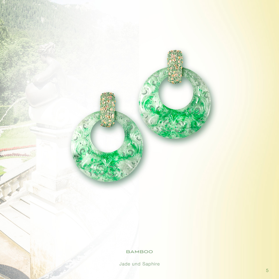 LITTLE BAMBOO Jade Earrings Small Bamboo Earrings with Engraved Discs of Genuine Chinese Jade Yellow-Green Sapphires 750/000 White Gold Jade Sapphire Earrings Sapphire Earrings Gold Earrings Jade Gold Earrings